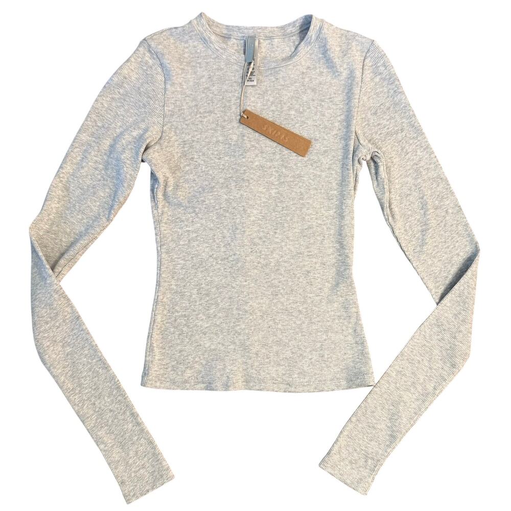 SKIMS Cotton Rib Long Sleeve T-Shirt Crewneck Light Heather Gray Women's XS